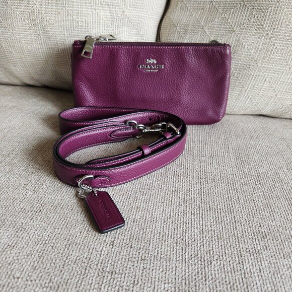 COACH Double zip crossbody pebble leather Deep Berry/purple EUC travel - Picture 1 of 14